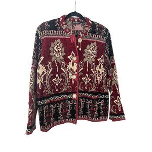 Retro Floral Tapestry Jacket M Red Retro Classic Artsy Beaded Festive Boho 80s